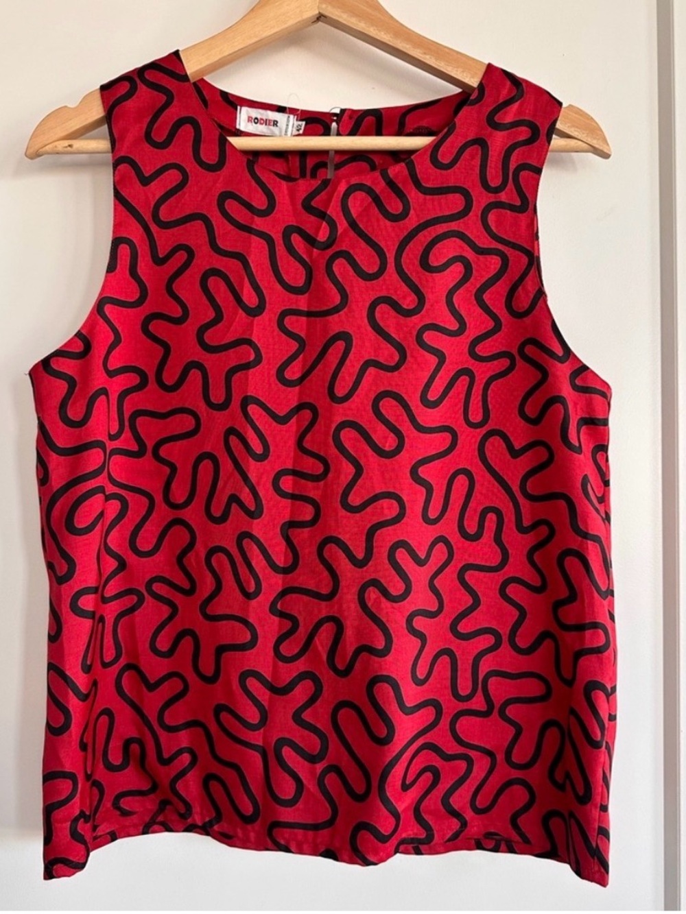 RODIER Red Sleeveless Top with Black Abstract Print